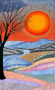 a painting of a sunset with a tree and mountains in the background