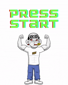 a cartoon of a man flexing his muscles with the words press start below him