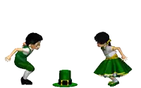 a boy and a girl jumping in the air with a green hat in the foreground