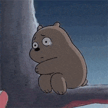 a cartoon bear is sitting next to a tree and hugging it .