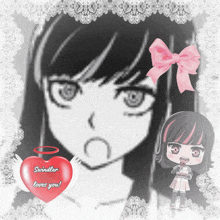 a picture of a girl with a heart that says ' swindler loves you ' on it