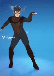 a man in a superhero costume is dancing in front of a blue background that says viggles.ai