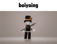 a cartoon character with a top hat and a gun has the word boiyoing on the bottom