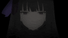 a black and white drawing of a girl with long black hair and purple eyes
