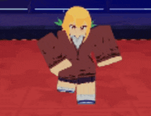 a cartoon character is standing on a red floor in a dark room .