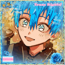 a picture of a boy with blue hair and the words " trans rights " on the bottom