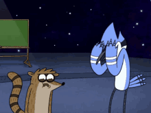 a regular show cartoon of a raccoon and a blue bird