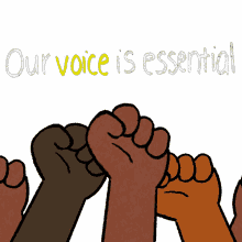 our vote is essential our voice is essential ballot fists raised in the air womens voting rights