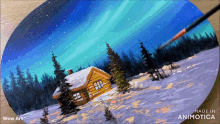 a painting of a log cabin in the snow with the words wow art on the bottom