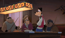 a group of cartoon characters playing pool under a light that says ' swirls ' on it