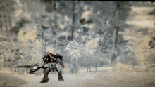 a robot is standing in a snowy forest holding a bow and arrow