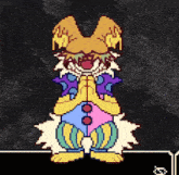 a pixel art drawing of a clown with a yellow hat and a purple shirt .
