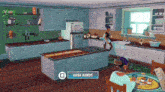 a video game screen shows a woman in a kitchen and says wash hands