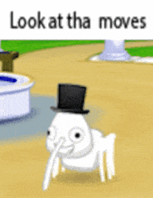 a white ant wearing a top hat is standing on a dirt path .