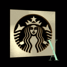 a starbucks logo is carved into a square with the letter x below it