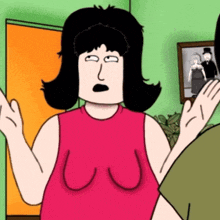 a cartoon drawing of a woman in a red tank top with boobs on her chest