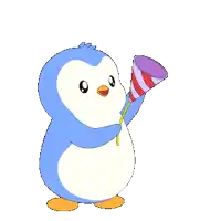 a cartoon penguin is holding a party horn and confetti is falling around him