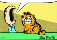 garfield is talking to a man with a speech bubble .