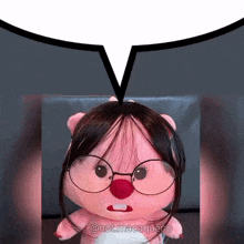 a stuffed animal with glasses and a red nose is talking .