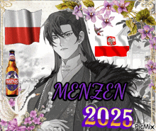 a picture of a man with a bottle of harnas beer and the year 2025