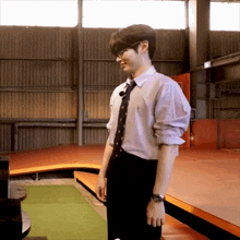 a man wearing a shirt and tie is standing in a room