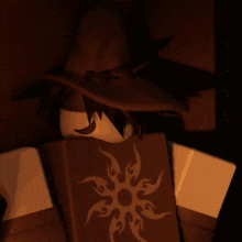 a cartoon character with a hat and a sun on his back