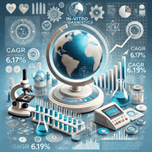 a globe is surrounded by a microscope and test tubes with the words in vitro diagnostics written on it