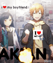 a boy holding a sign that says i love my boyfriend and i love my gf