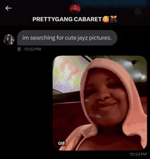 a screenshot of a conversation between prettygang cabaret and another person
