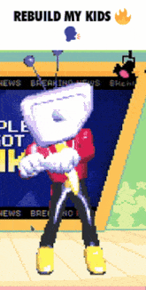 a cartoon character is standing in front of a screen that says breaking news
