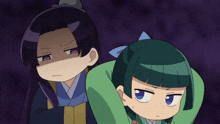 a cartoon girl with purple hair and a green haired girl with blue hair