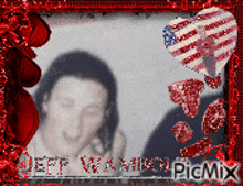 a picture of a woman in a red frame with the name jeff written in white letters