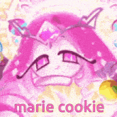marie cookie is a pink cartoon character with a crown on her head and the words `` marie cookie '' .