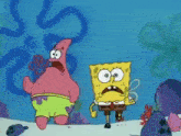 a cartoon of spongebob squarepants running in the water with a surprised look on his face .