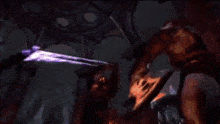 a person is holding a sword in front of a crowd of people