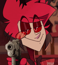 a cartoon character with red hair and red glasses is pointing a gun at the camera