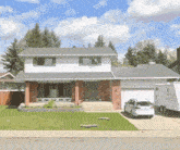 a white suv is parked in front of a large house