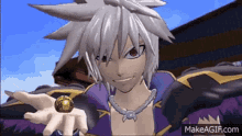 a cartoon character is holding a gold ball in his hand and says makeagif.com at the bottom