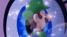 a cartoon character in a green hat is standing in a circle surrounded by stars .