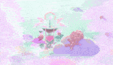 a cartoon drawing of a castle in the clouds with roses