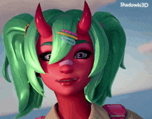 a cartoon character with green hair and red horns has the name shadowki3d on the bottom right