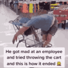a man is pushing a shopping cart in a store and throwing the cart .