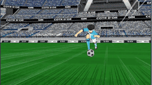 a soccer player kicks a ball in front of a stadium that says cotr d or