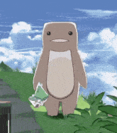 a cartoon character is holding a piece of paper in his hand