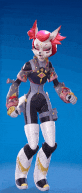 a cartoon character with red hair is standing in front of a blue backdrop