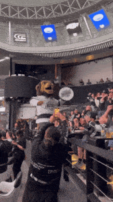 a mascot for the kings is being held up by a fan