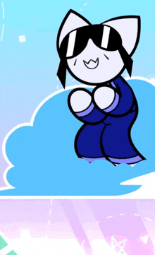 a cartoon cat wearing sunglasses and a blue outfit