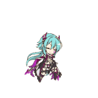 a girl with blue hair and horns is holding a sword .