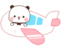 a cartoon drawing of a panda bear flying on a pink airplane