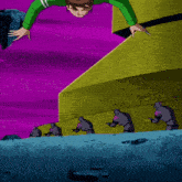 a cartoon character is laying on the ground with a purple sky in the background